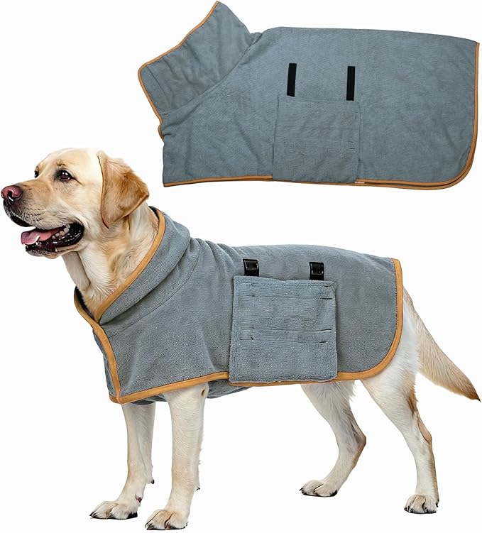 Dog Drying Coat, Dog Robes for After Bath Bathrobe Super Absorbent Towel Soft Adjustable, (XL, Gray&Orange Trim), Intended for Fast Drying Warm Keeping Pet Cats Kitten Puppies
