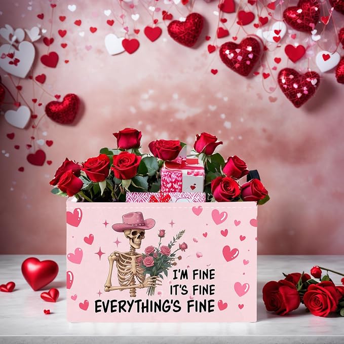 Valentine's Day Basket Gift for Empty Cute Heart Large Storage Bin for Kid and Baby Room Décor (Pink Rose Skull Heart)