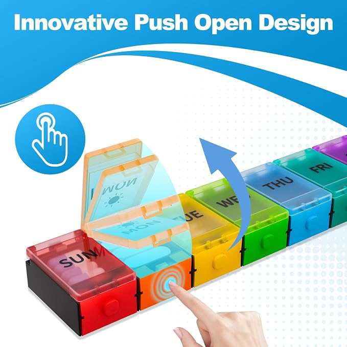 Push Button Weekly Pill Organizer, Medicine Pill Organizer, Pill Box Case 7 Day, Pill Container for Vitamins, Fish Oil, Supplements Medication (Colorful)