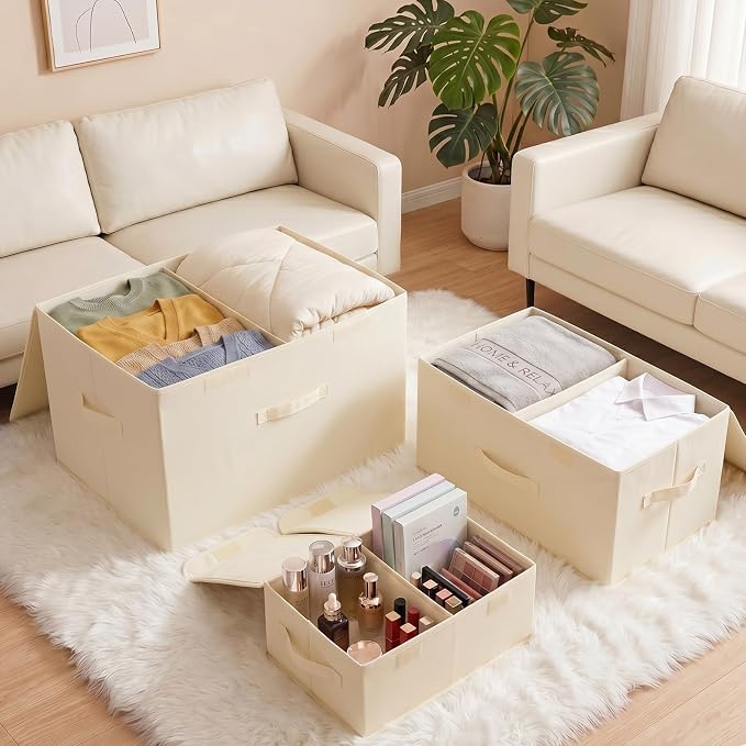 2 Pack Large Storage Boxes with Lids and Handles, Collapsible Linen Storage Bins Organizer Containers Baskets Cube with Removable Divider for Home Bedroom Closet Office (Cream, XL)