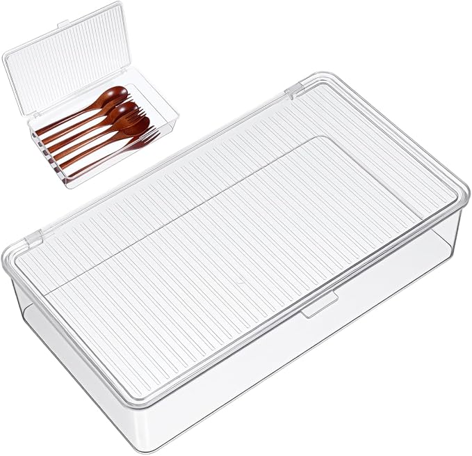 Clear Plastic Storage Bin with Lid, Small Silverware Organizer with Cover, Transparent Kitchen Utensil Drawer Tray for RV Countertop Flatware
