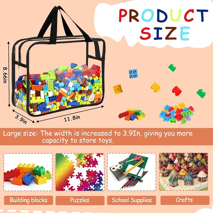 6 Pcs Large Toy Storage Bags Reusable Clear Toy Organizer with Labels | PVC Waterproof Transparent Organizer Bags with Zipper for Building Blocks, Puzzle, Board Games Travel Storage, Save space