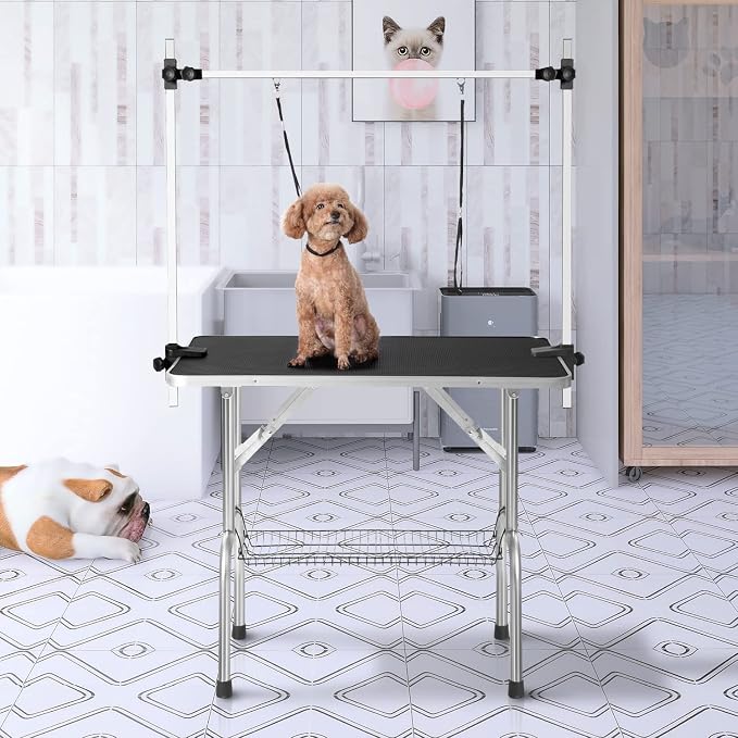 SoarFlash Pet Dog Grooming Table Foldable,Heavy Duty Foldable Pet Grooming Table with Arm & Noose & Mesh Tray, Maximum Capacity Up to 330lbs, 36inch, Black