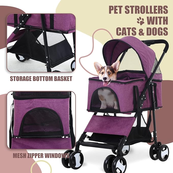 Dog Stroller 3-in-1 Folding Dog Stroller for Medium Small Dogs Purple | Pet Stroller 4 Wheels Cat Stroller with Detachable Carrier Storage Basket Waterproof Lightweight for Travel,