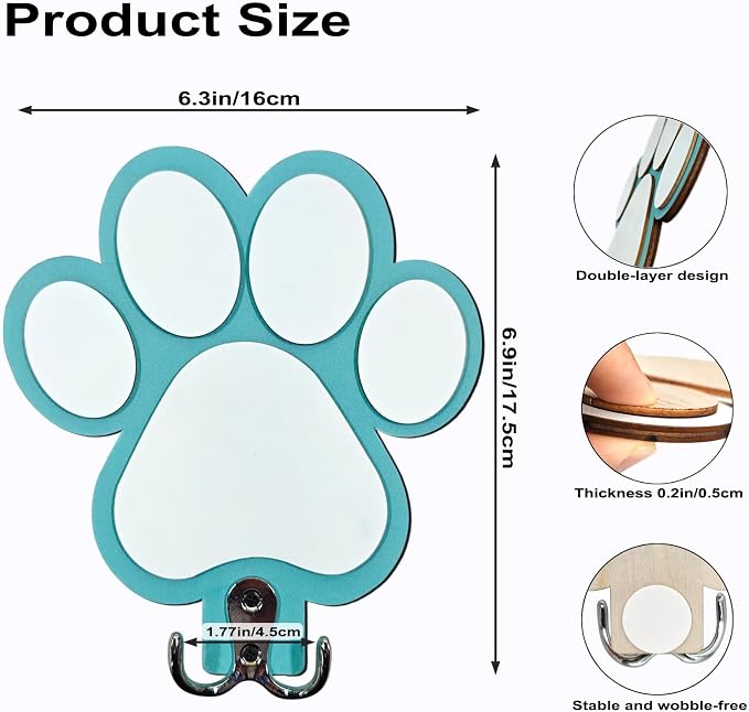 Rustic Wooden Dog Leash Holder Wall Decoration, Cute 3D Puppy Paw Wall Mount Hanger Organizer Hooks for Home Decor, Farmhouse, Coat Rack, Keys, Harness, Collars, Entryway, Pet Lover Gift（Teal Blue）