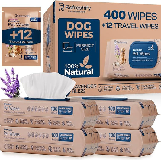 REFRESHIFY Dog Wipes for Paws and Butt - Plant Based Lavender Scented (Pack of 400) - Pet Wipes for Dogs and Cats - Deodorizing Non Toxic Dog Wipes, +12 Additional Travel Wipes