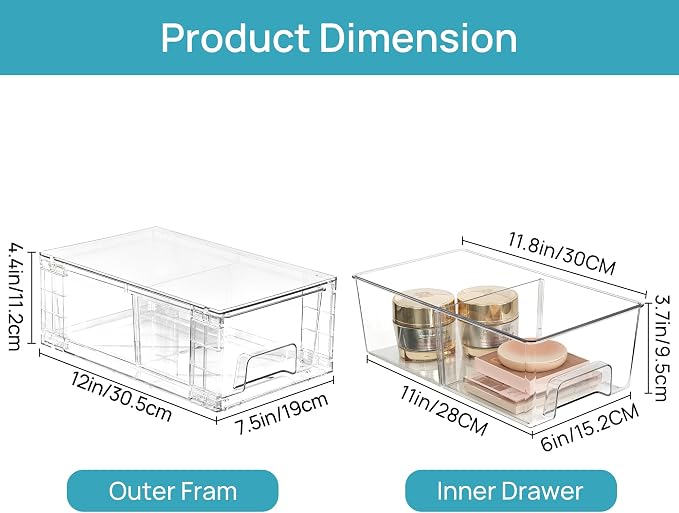 Vtopmart 6 Pack Stackable Storage Drawers,Clear Acrylic Drawer Organizers with Handles, Easily Assemble Containers for Fridge, Bathroom,Kitchen Undersink,Cabinet,Pantry Organization and Storage | Clear Drawer Organizers with Removable Dividers for Flex...