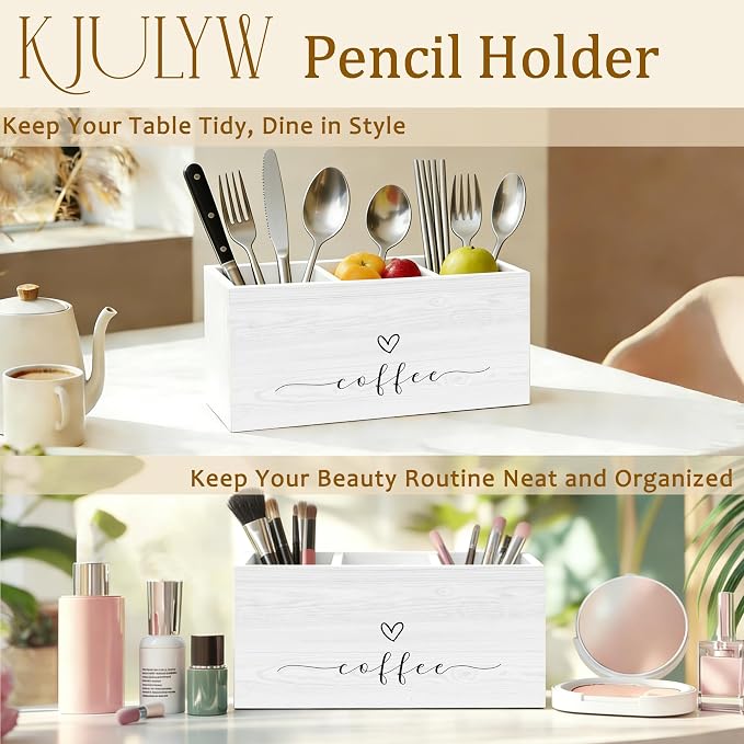 Coffee Pen Holder for Desk, Coffee Lover Gifts, Barista Gifts Wooden Box Pencil Pen Holder Organizer for Home Office Cafe Shop Desk Accessories