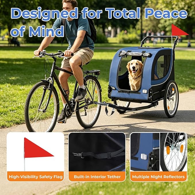 2 in 1 Dog Bike Trailer and Pet Stroller, 100 lbs Capacity Large Dog Bicycle Carrier with Steel Frame and 20" Air Tires & 8" Swivel Front Wheels, Foldable Pet Wagon Cart for Dogs Cats Outdoor Travel