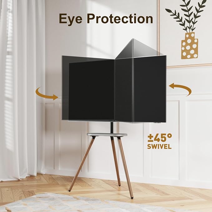 Tripod TV Stand for 43-65" TVs, Swivel, Black Walnut | Height-adjustable easel TV stand, wood media shelf, cable management and VESA up to 400x400