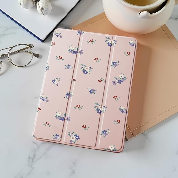 Cute Purple Flower Case for 9.7" iPad 5th/6th Generation, Clear TPU Smart Stand Back Cover with Pencil Holder, Auto Wake/Sleep Foldable Protective Case for iPad 2017/2018