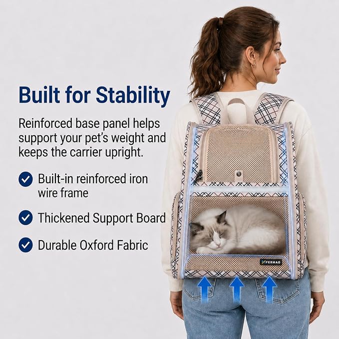 Cat Backpack Carrier for Small Dogs and Medium cat Puppy Kitten Bunny Pet Carrier Backpack Collapsible with Fully Ventilated Mesh with Safety Leash (Khaki, 12.9" L x 10.62" W x 15.5" H - M)