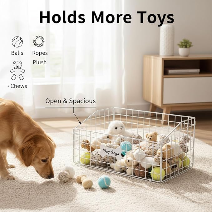 Metal Dog Toy Basket,White Pet Toy Organizer with Bone Label | Dog Toy Basket, Dog Toy Bin, Dog Toy Box