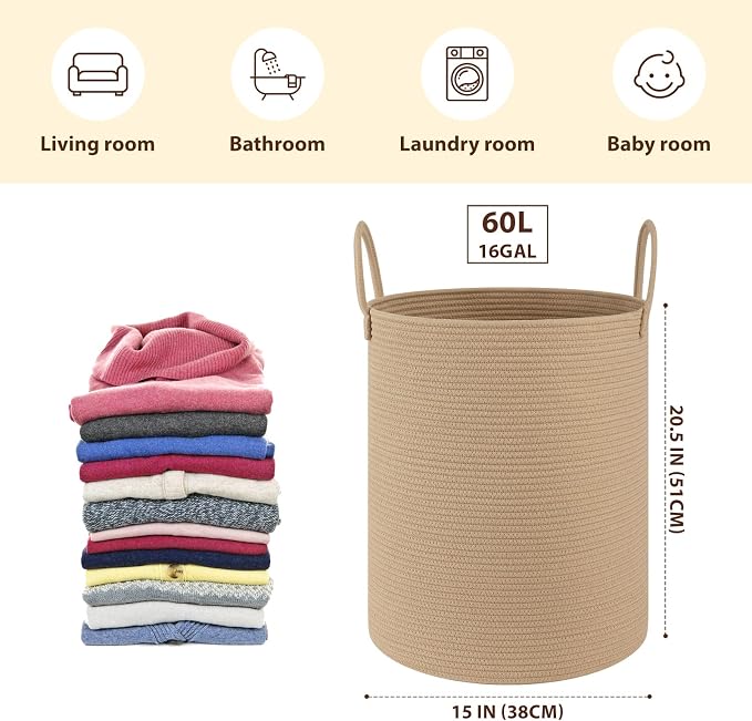 OIAHOMY 60L Nursery Hamper Laundry Basket Laundry Hamper Yellow | collapsible Blanket Basket Cotton Rope Woven Basket Dirty Clothes Hamper Baby Hamper Tall Clothes Hamper with Handles