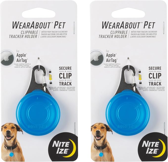 Nite Ize Wearabout Pet Clippable Tracker Holder - Compatible with Apple AirTag - Pet Tracker Keychain & Carabiner Clip - Lightweight Holder with SlideLock Case, Steel Clip & Wire Gate - Blue (2 Pack)