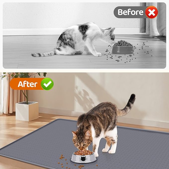 Cat Food Mat, 51" x 25.6" Pet Feeding Mat Extra Large Silicone Cat Litter Mat with Raised Edge Pet Placemat for Food and Water Bowl Non-Slip, Easy to Clean, Floor Protection (Dark Grey)