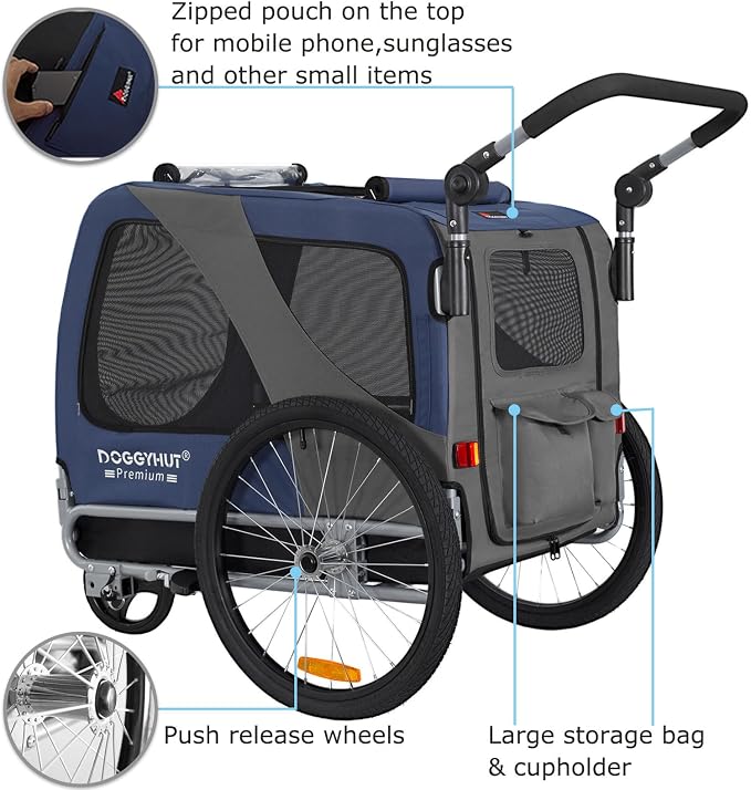 DOGGYHUT® Premium Large Pet Bike Trailer & Stroller Up to 77 lbs (Blue) | Bicycle Trailer for Small Medium or Large Dogs, Dog Bicycle Carrier, Low Center of Gravity, Folding Frame Cart