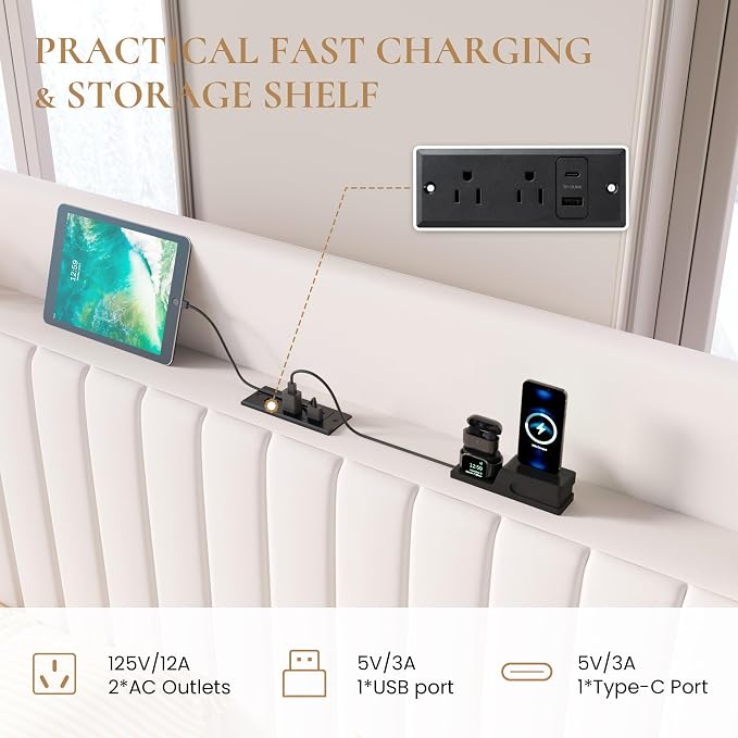 SHA CERLIN Queen Size Lift Up Storage Bed Frame, Charging Station, White | Storage Headboard with Charging Station, USB, Type-C Port Velvet Hydraulic Storage Bed No Box Spring Needed Noise Free