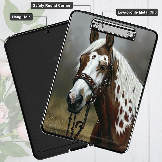 A4 Clipboard with Storage Pen Holder, Clipboards Organizer Nursing Clipboard Foldable File Folder Plastic Clipboard Folio Clip Board for Office Students Classroom Doctor Teacher, Horse