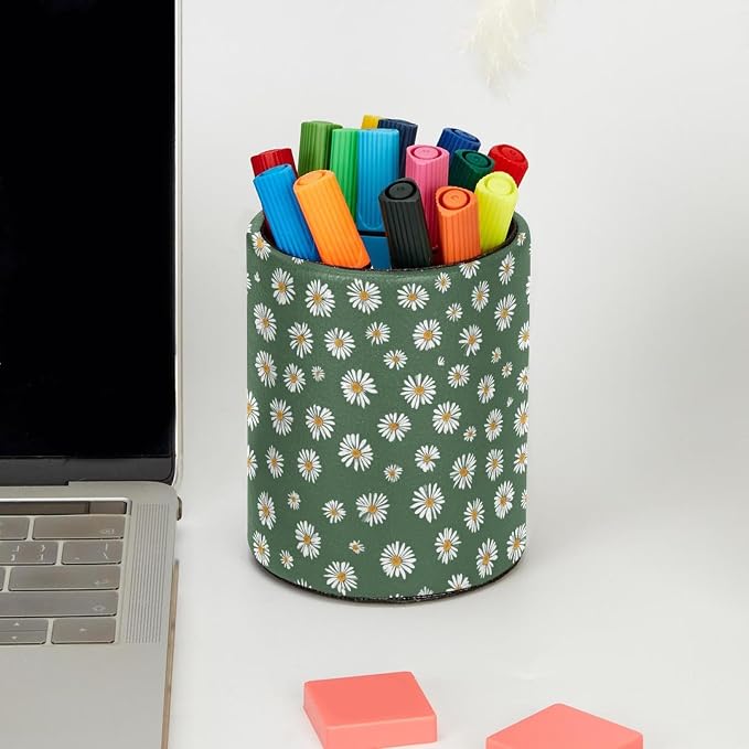 Faux Leather Pen Holder for Desk, Pencil Organizer Daisy Pen Cup Desk Decor Makeup Brush Holder Storage for Office Home