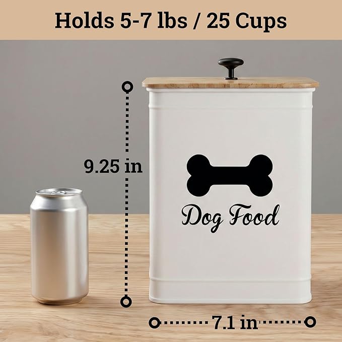 Metal Dog Food Container 5-7lb, 25 Cup w/ Airtight Bamboo Lid, Metal Handle | Pet Jar For Dogs up to 50lbs, Airtight Bamboo Lid, Sturdy Comfortable Metal Handle, Powder Coated Iron, Kibble Storage Bin