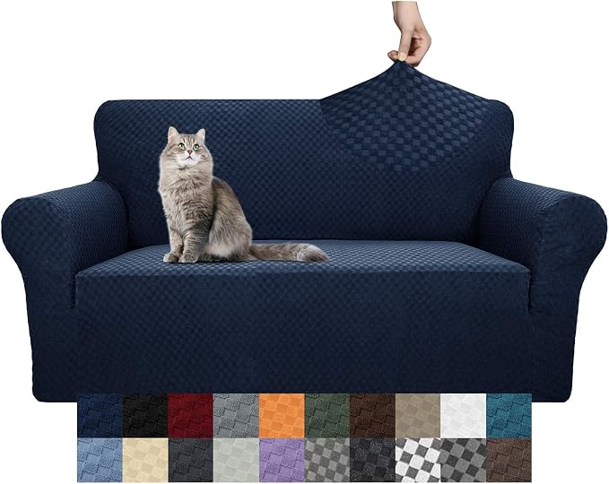 YEMYHOM Couch Cover Latest Jacquard Design High Stretch Sofa Covers for 2 Cushion Couch, Pet Dog Cat Proof Loveseat Slipcover Non Slip Magic Elastic Furniture Protector (Loveseat, Navy)