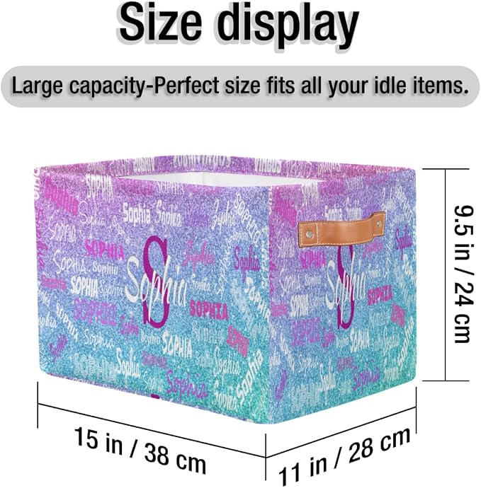 Custom Rectangular Baby Storage Basket, Kids Toys Bin, Books Shelf Basket, Clothes Towel Storage Bin for Nursery, Gift Basket, Pet Basket, Dreamy Pink Blue Glitters Effect Print