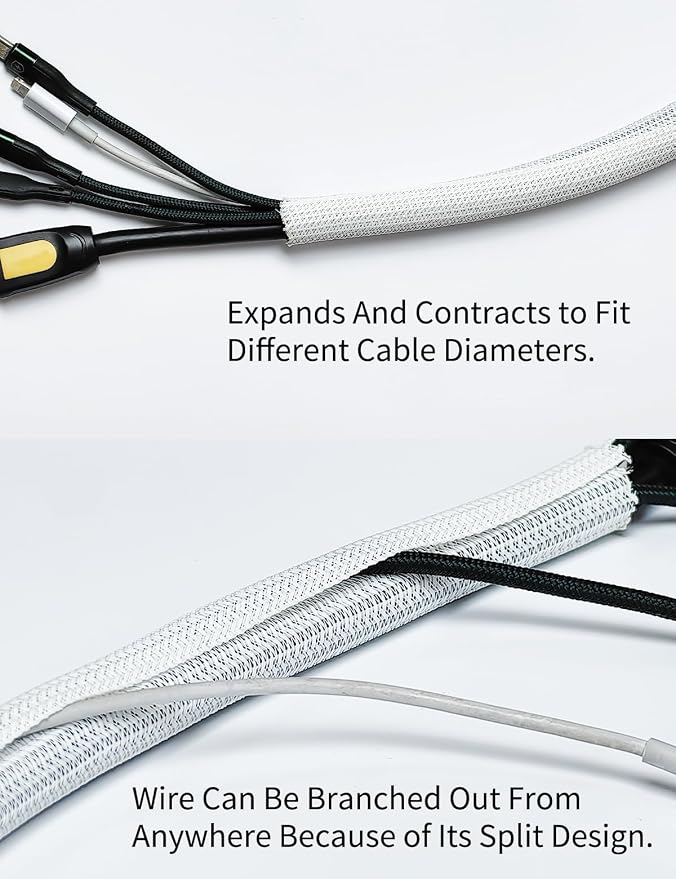 Cable Management Split Wire Loom Sleeve - Cord Hider & Protector for Desk, Pet Chew Proof, Wire Cover Organizer, Flexible Tube for Wires and Cables (1/2 Inch 25FT, White)