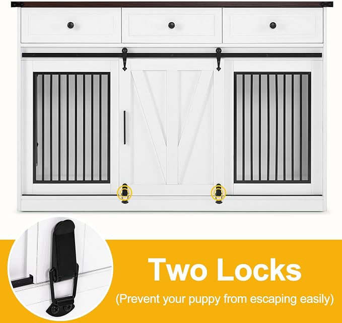 Lovupet Dog Crate Furniture, Wooden Large Dog Kennel with Barn Door and 3 Drawers, 55.1 inches Length Pet Crate Indoor, GC55