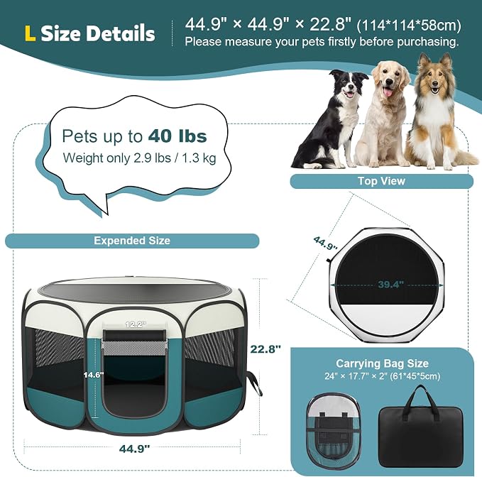 Portable Pet Playpen for Cat Dog: Foldable Cat Playpen Enclosed Up to 40lbs | Large Pop Up Indoor Outdoor Kennel for Puppy Kitten, Carry Case, Removable Zipper Top, 600D Oxford, Waterproof Base, Camping