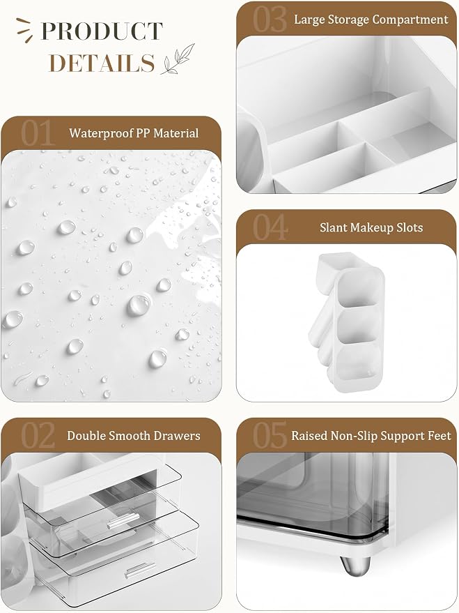 Makeup Organizer for Vanity - Large Skincare Organizers Countertop, Cosmetic Organizer with Brush Holder and 2 Drawer, Makeup Storage for Lipsticks, Nail Polishes, Eyeshadow Palettes, White