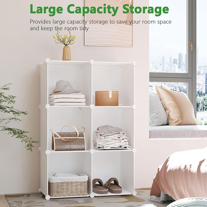 C&AHOME 6-Cube Storage Organizer Cube Shelf Closet Storage Bookcase, Milky | Stackable Cubby Storage, Bookshelf, Portable Plastic Storage Closet Organizer, DIY Modular Shelving Units for Home, Wardrobe