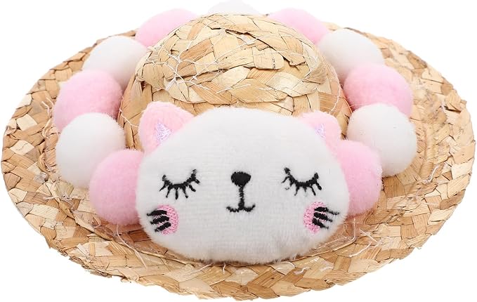 Wear-Resistant Decorative Pet Hat for Cat and Kitten Pink Summer | Raffia and Plush Build, Comfortable Fit with Reduced, Lovely Style for Halloween Photos