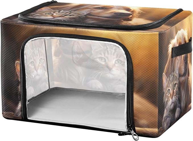 Foldable Storage Bin Dog and Cat Pattern Sturdy Under Bed Storage Container with Clear Window and Handle