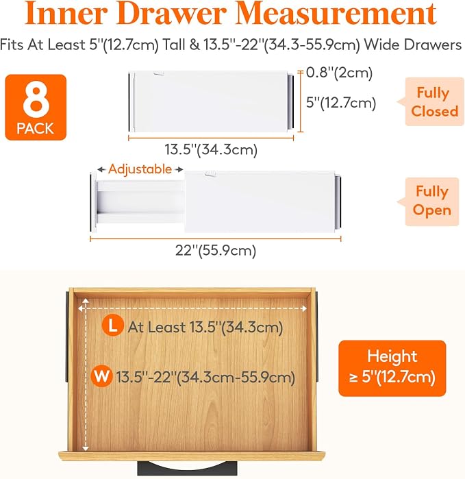 Lifewit 5" Tall Upgrade Drawer Dividers, Adjustable Deep Drawer Organizer | 13.5"-22" Expandable White Drawer Separator for Clothes, Dresser/Kitchen/Closet/Bedroom/Office Organization & Storage, 8 Pack