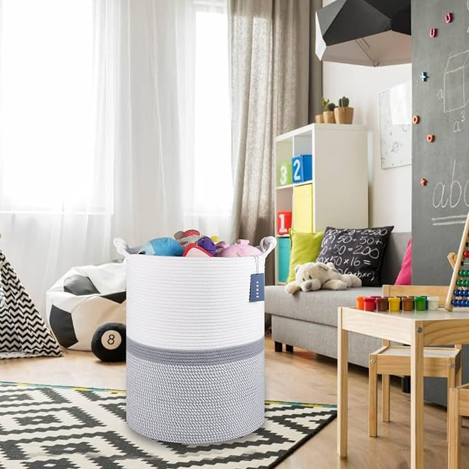 COMSE Tall Woven Blanket & Laundry Basket, 72L, Blend White & Gray | 15.7”x 21.7”, Cotton Rope, Large Nursery Hamper for Storage of Toys Clothes Towels, Great for Living Rooms Bedrooms Bathrooms