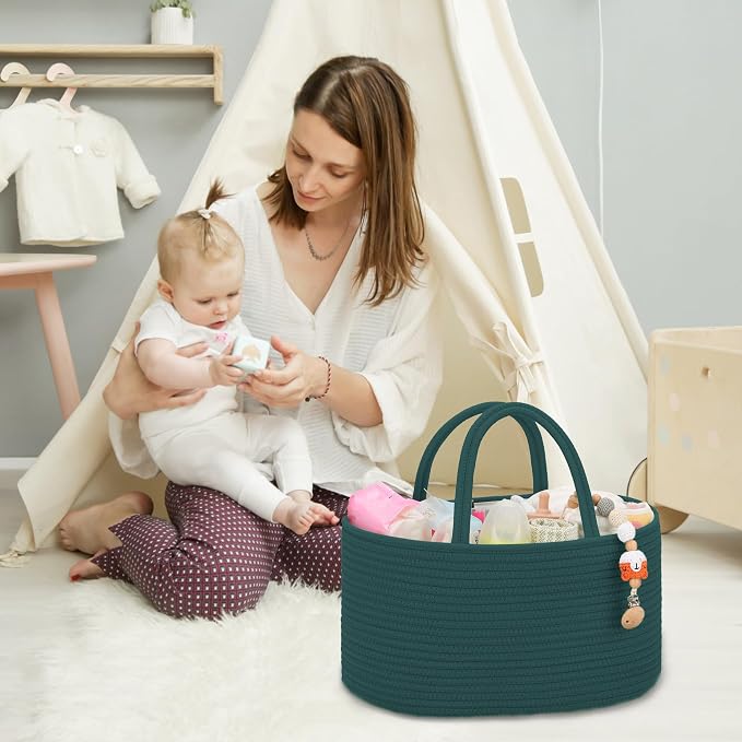 COMSE Large Cotton Rope Baby Diaper Caddy Organizer, Dark Green