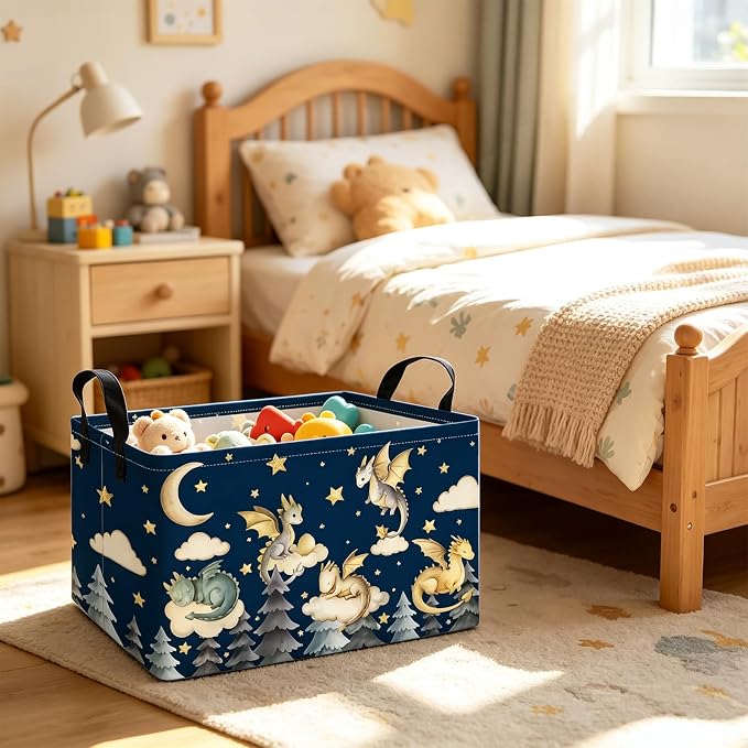 Rectangular Dragon Storage Bin, Medium Fabric Closet Organizer Basket | Moisture repellent textile, reinforced carry grips, collapsible holder tidies cabinet and teenage bedroom belongings