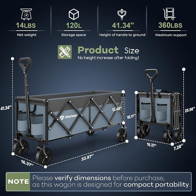 34'' Extra Long Folding Portable Wagon, 120L 360LBS Blue & Grey | Wagons Carts Foldable, Heavy Duty, Collapsible Compact Storage, Utility for Shopping/Grocery/Garden/Camping/Sports