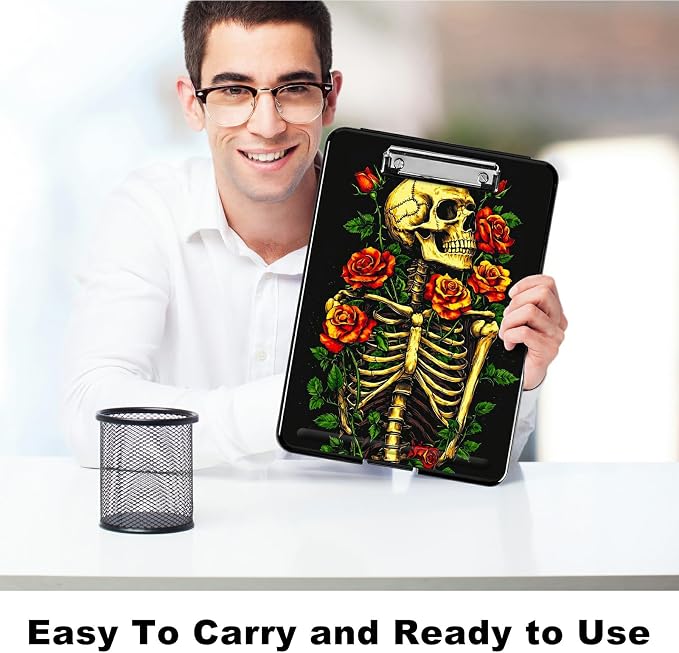 Skull Red Rose A4 Clipboard with Storage Pen Holder, Clipboards Organizer Nursing Clipboard Foldable File Folder Plastic Clipboard Folio Clip Board for Office Students Classroom Doctor