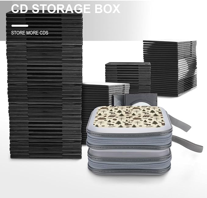 Hard Shell DVD Storage Binder Farmhouse Country Antique Bear Moose Vintage Wood Rustic Cabin, Holds 40 Discs, Portable Wallet with Carry Handle, Organizer for Car Home Office