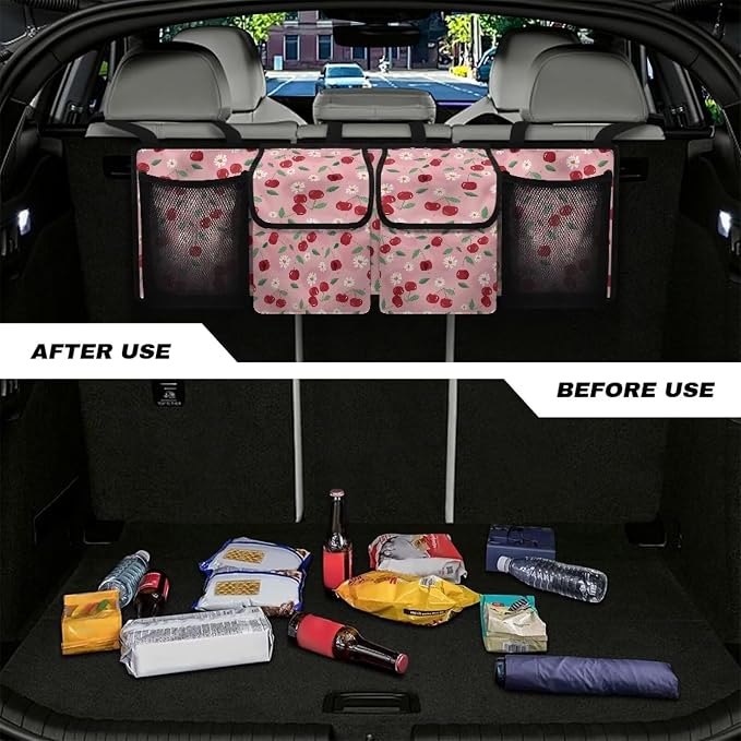 Dreaweet Cute Trunk Organizer for Car Women Pink Cherry Print Car Storage Accessories Interior Car Trunk Organizer SUV Hanging Car Storage Back Seat Bag with 4 Pockets 3 Adjustable Straps