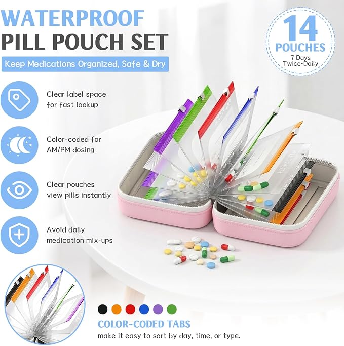 A8 Weekly Waterproof Pill Pouch Set, Reusable Weekly Pill Organizer with 14 Coded AM PM Pouches, Compact Portable Vitamin Supplement Storage Case for Travel Purse Daily Use