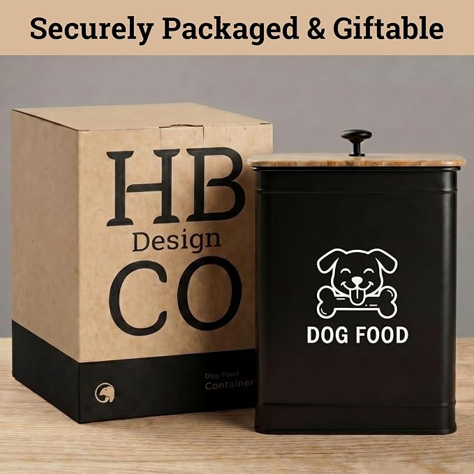 Metal Dog Food Container 5-7lb, 25 Cup w/ Airtight Bamboo Lid, Metal Handle | Pet Jar For Dogs up to 50lbs, Airtight Bamboo Lid, Sturdy Comfortable Metal Handle, Powder Coated Iron, Kibble Storage Bin
