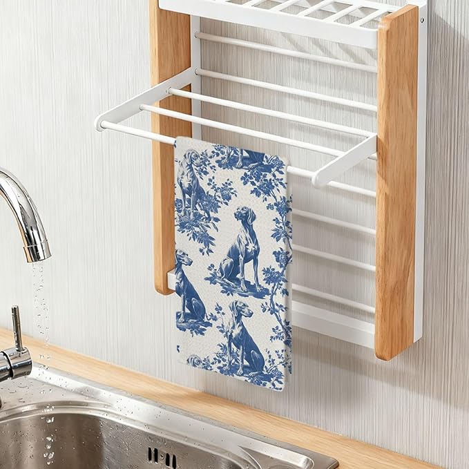 Weimaraner Kitchen Dish Towels,Blue and White Floral Dog Towel Dish Tea Towels, Chinoiserie Decor for Kitchen Bathroom,Weimaraner Gifts for Dog Lover Mom Dad,16x24 Inch