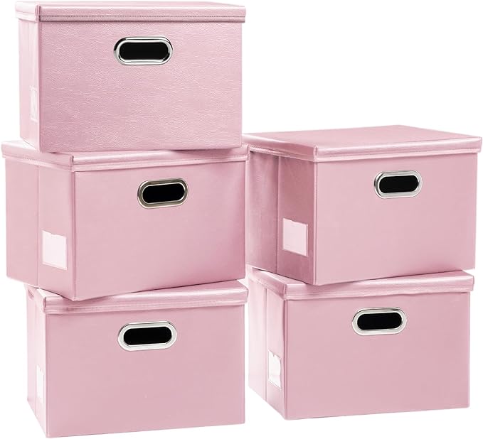 Foldable Storage Bins with Lids [5-Pack] Leather Fabric Collapsible Storage Boxes Organizer Containers Baskets Cube with Cover for Bedroom Closet Office Nursery Pink (14.9x10.8x10)