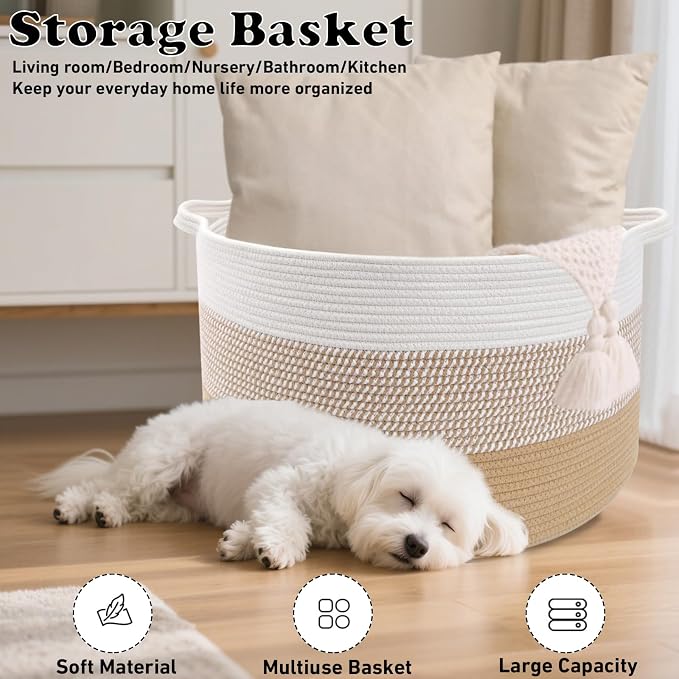 90L Large Blanket Basket,Rope Woven Laundry Basket-Yellow | Collapsible, reinforced handles, nursery storage bin organizes clothes, toys and pillows for living room, bedroom bathroom