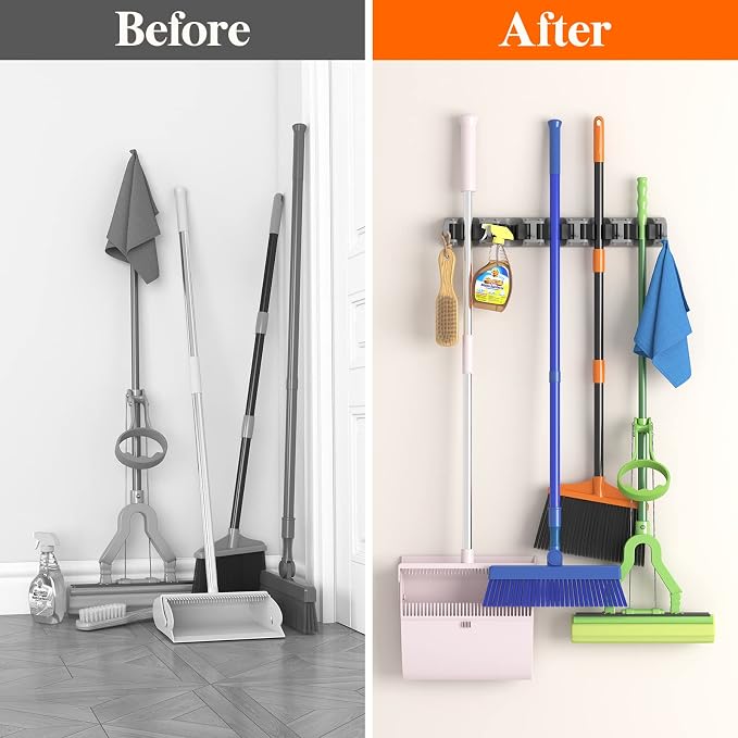 Lifewit Mop and Broom Holder Organizer Wall Hanging Mount, Gray, 1 Pack | Anti-Slip Broom Storage for Cleaning Organizer, Easy Install Tool Hanging Rack with 5 slots & 6 hooks for Kitchen, Garage