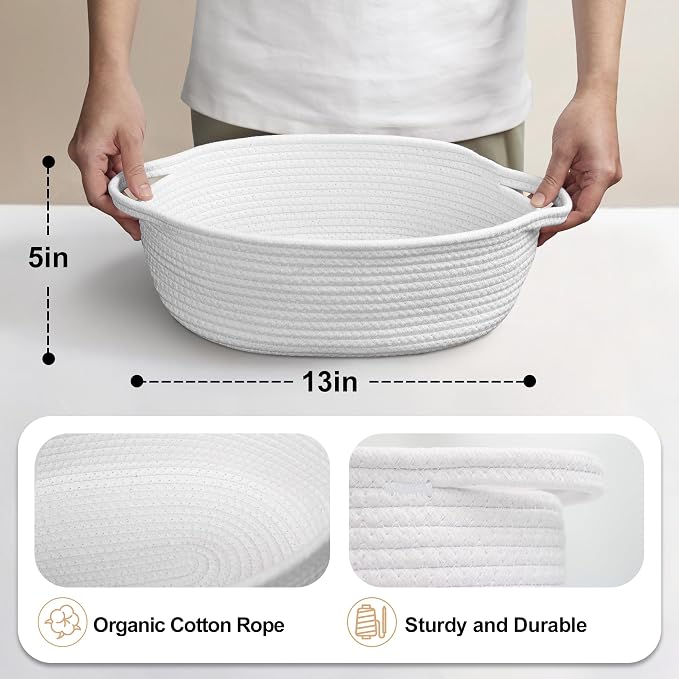White Small Woven Basket, 13” x 9” x 5” Baskets for Gifts Empty Cotton Rope, Cute Nursery Baby Storage Organizer, Wicker Cat Toy Bin Box with Handles, Empty Gift Boo Basket