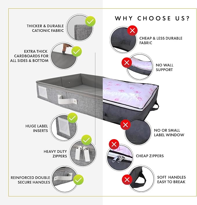 HOMELUX THEORY Under Bed Storage, Medium 2pc with Lid, Light Gray | Drawer-style pull-out design, Fits blankets, clothes, fabric & shoes, Bins with lids, Bedroom & closet storage